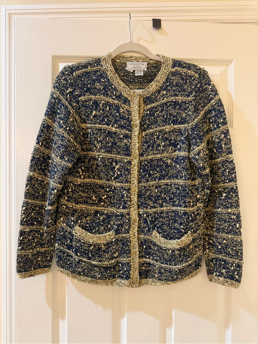 Vintage South Cotton 100% Cotton Navy & Cream Bouclé Open Cardigan